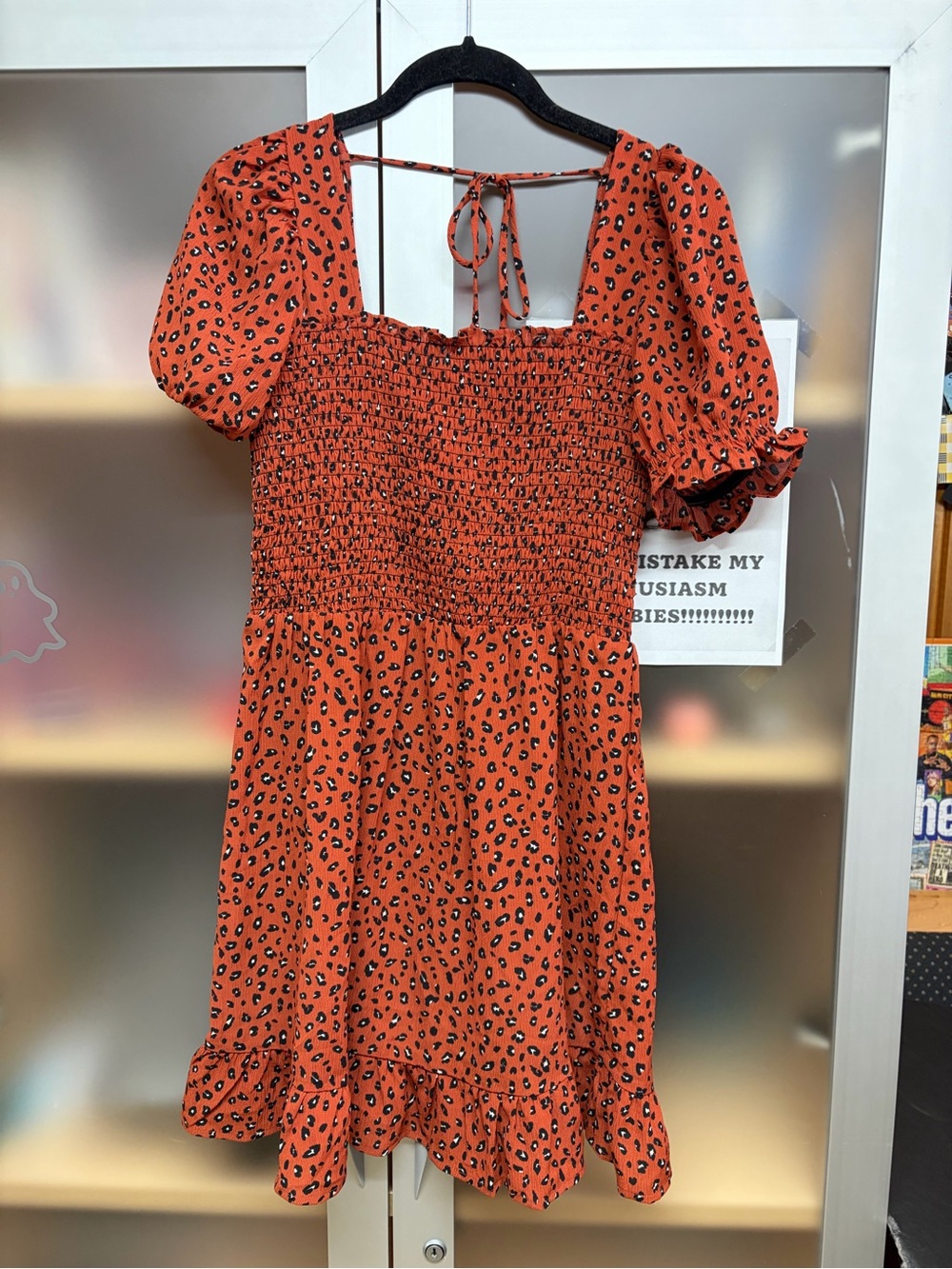 Square Neck Puff Sleeve Animal Print Smocked Dress, size Large